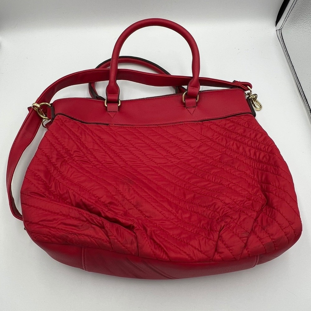 Juicy Couture Satchel Bag Women Large Red Good Quilted Nylon Crossbody Key Charm - Picture 7 of 11